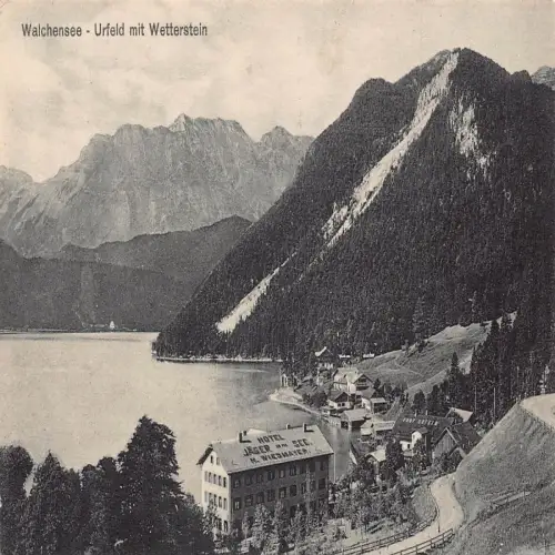 B118 Deutschland Walchensee Urfeld mit Wetterstein Hotel Jaeger Vintage Postkarte
