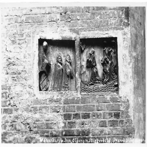 B120 Deutschland Wasserburg a Gasthof Oelberg m Stifterbild Skulpturen RPPC Postkarte