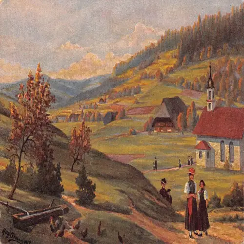 B121 Deutschland Aug Simon Art Herbstsonntag im Schwarzwald Vintage Postkarte