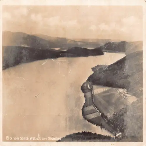 B120 Deutschland Blick vom Schloss Waldeck zum Strandbad Ansicht RPPC Postkarte