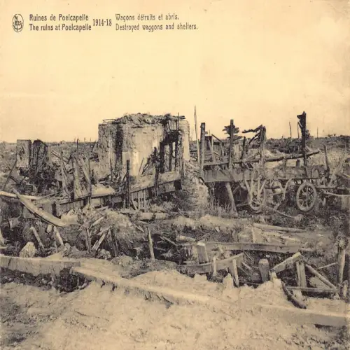 A647 Belgien WWI Katastrophenruinen Poelcapelle zerstörte Waggons Shelters Postkarte