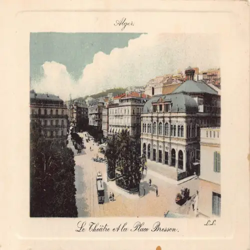 A668 Algerien Algier Theater und Place Bresson Straßenbahn Passepartout Postkarte