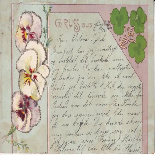 A659 Neuheit 1900 Gruss aus Stiefmütterchen Kleeblatt Jugendstil Glitzer Postkarte
