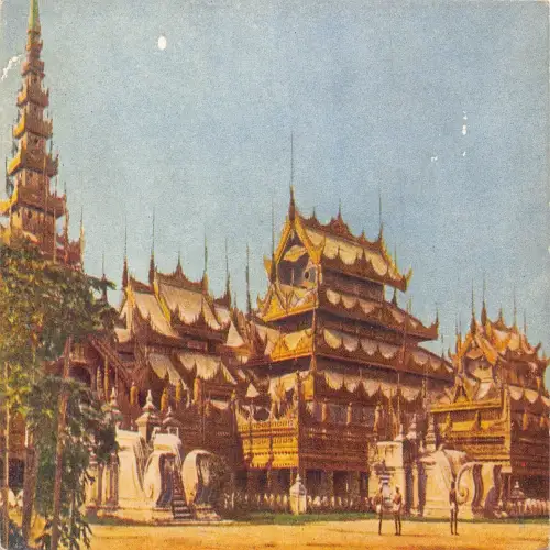 A669 Myanmar Burma Mandalay Kloster Tempel Mondschein Kunst Vintage Postkarte
