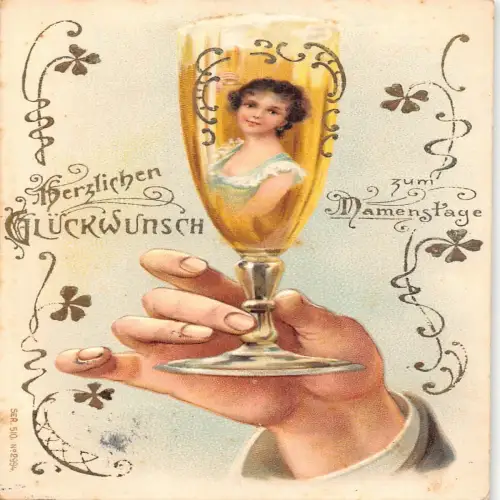 B124 Namenstag Frau auf Sektglas Kleeblatt Jugendstil Prägepostkarte