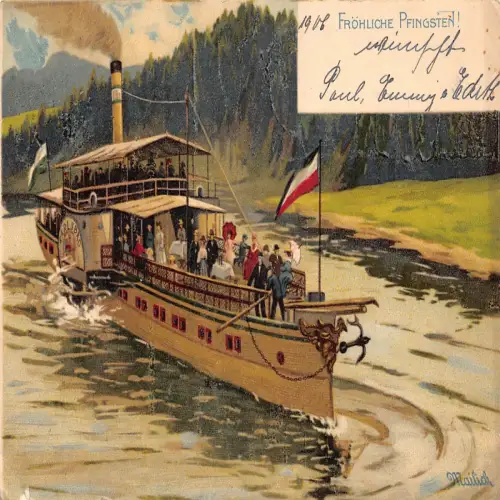 B124 Pfingsten 1908 Dampfschiff Karlsbad Karlsbad Kreuzfahrtschiff Flagge Postkarte