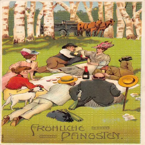 B114 Pfingstgrüße 1909 Freunde beim Picknick Weinflaschen Hund Präge Postkarte