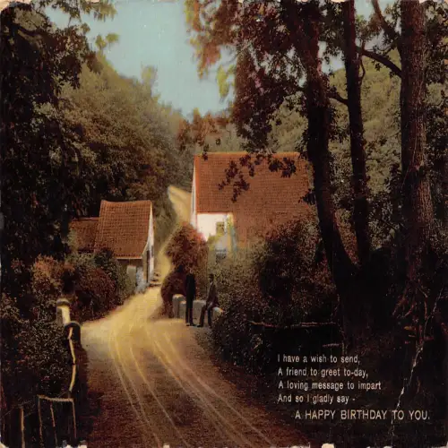 B115 England 1912 Geburtstagsgrüße Cottages Vintage Postkarte