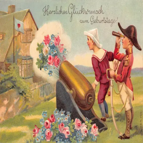 B124 Geburtstag 1910 Kanon Pops Vergissmeinnicht Rosen Soldat Junge Prägepostkarte