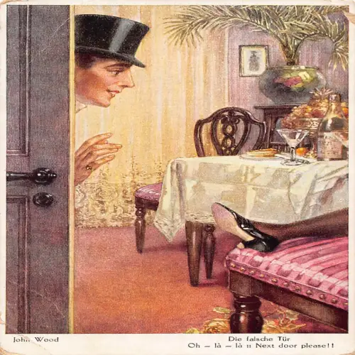 B112 Kunst Comic Humor Mann schaut ins Zimmer Champagnerflasche Vintage Postkarte