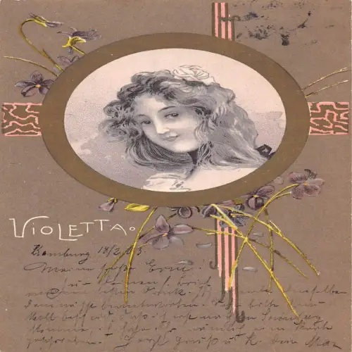 B114 Violeta 1903 Schönheitsportrait Violette Blumen Postkarte