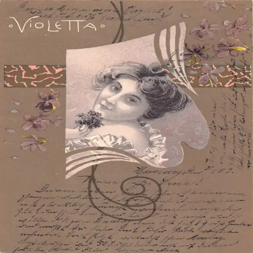 B114 Violeta 1903 Schönheit Portrait Veilchen Blumen Passepartout Vintage Postkarte