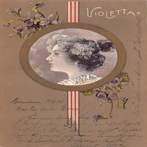 B114 Violeta 1903 Schönheitsprofil Portrait Violette Blumen Vintage Postkarte