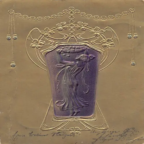 B112 Jugendstil 1905 Mädchen hält Blumenperlen Korb golden geprägt Postkarte