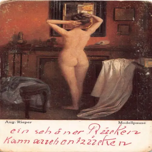 B112 Kunst von Aug Rieper Modellpause Akt Frau Model macht Pause Postkarte