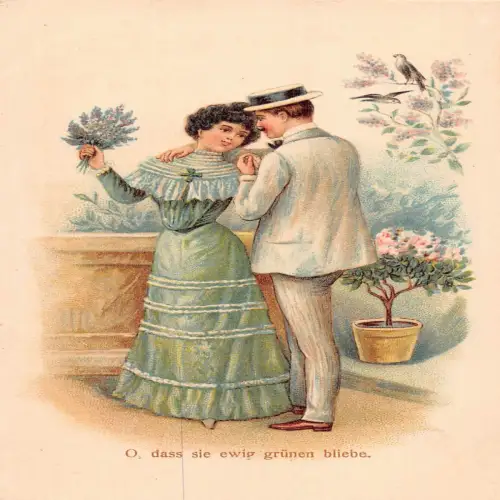 B112 Liebesroman Paar flirtet im Garten Blumen Vintage Postkarte