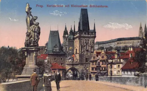 B110 Tschechien Prag Prag Karlsbrücke mit Kleinselnet Brückenturm Postkarte