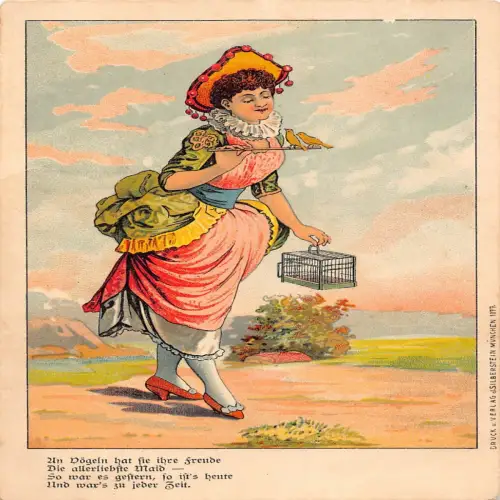 B112 Liebhaberin der Vögel Gedicht Käfig Künstler gezeichnete Vintage Postkarte