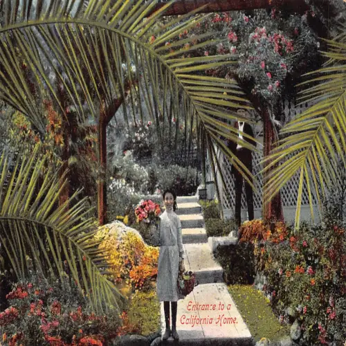 A674 US Eingang zu einem kalifornischen Hausmädchen mit Blumenstrauß Postkarte