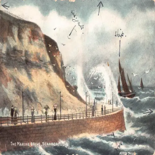 B129 England 1908 Marine Drive Scarborough Segelschiffe Postkarte