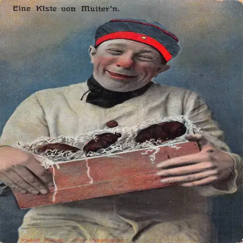 B125 Humor 1915 Soldat Deutscher Junge Große Rote Nase Kiste von Mutter WWI Postkarte