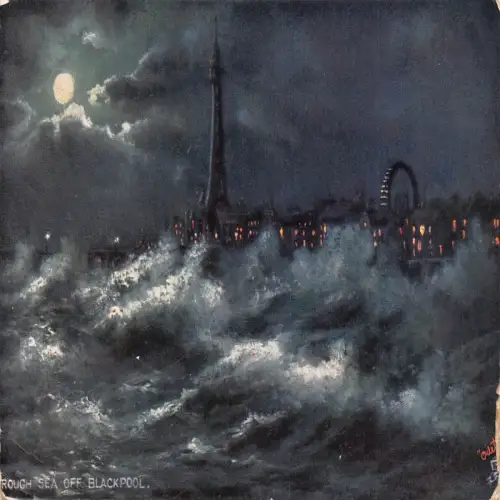 B129 England 1911 Rough Sea off Blackpool Moonlight Vintage Postkarte