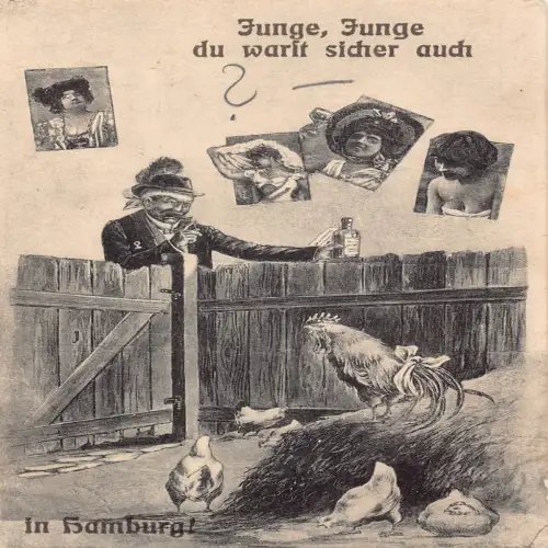 B125 Comic Humor 1915 Betrunkener Mann Träume von Frauen Henne Huhn Hamburg Postkarte