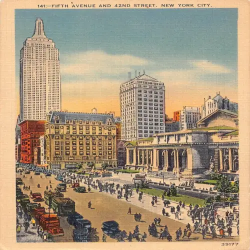 USA 1938 New York City Fifth Avenue und 42nd Street Cars Vintage Postkarte