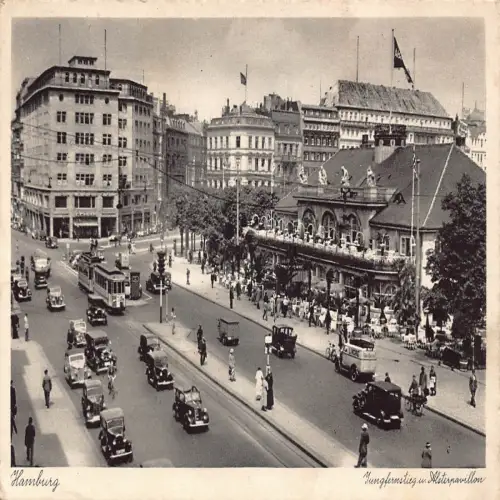 Deutschland Hamburg 1939 Jungfernstieg un Alsterpavillon Autos Straßenbahn Oldtimer Postkarte