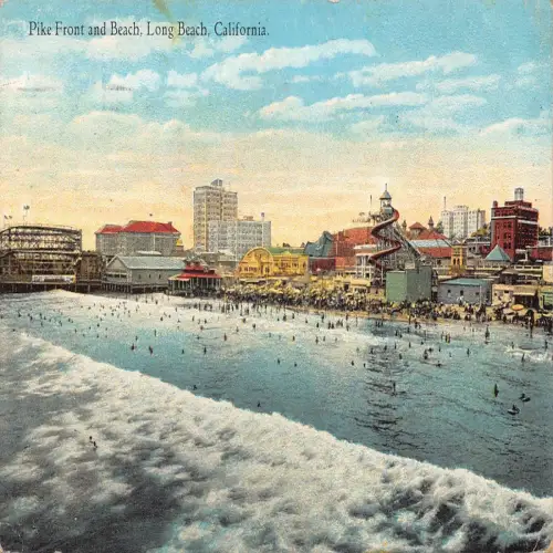 A679 USA 1934 Pike Front and Beach Long Beach Kalifornien Postkarte