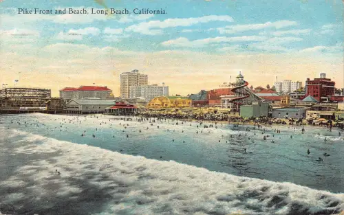 A679 USA 1934 Pike Front and Beach Long Beach Kalifornien Postkarte