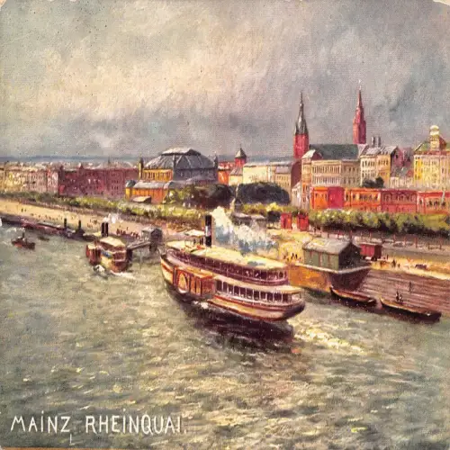 B119 Deutschland Mainz Rheinquai Dampfschiff Kunst Vintage Postkarte