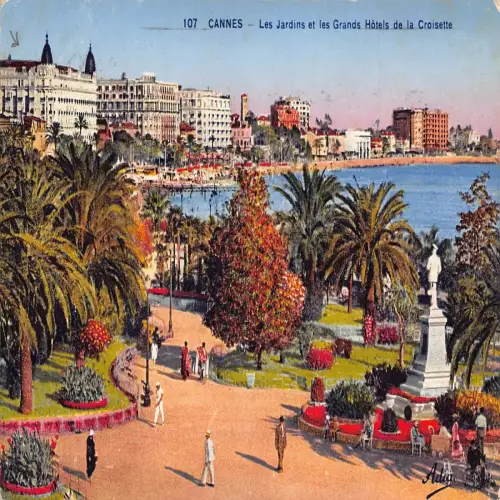 A682 Frankreich 1937 Cannes Jardins et Grands Hotel de Croisette Garten Postkarte