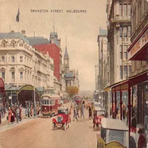 A684 Australien Melbourne Swanston Street Straßenbahn Autos Vintage Postkarte