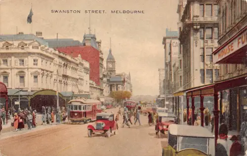 A684 Australien Melbourne Swanston Street Straßenbahn Autos Vintage Postkarte