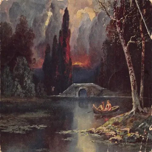 A687 Kunst 1914 Boot Rudern bei Sonnenuntergang an der Lake Forest Bridge Vintage Postkarte