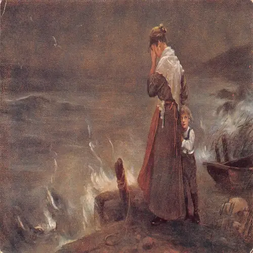 A687 Kunst von M Martinkova Schiff Feuer Katastrophe Weinende Witwe Umarmt von Junge Postkarte