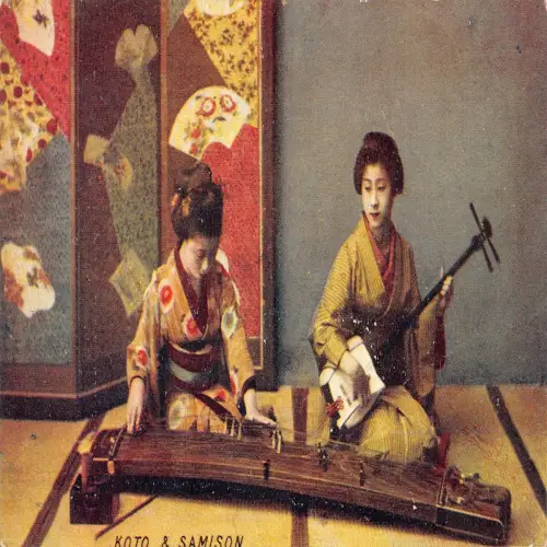 A687 Japan Geisha spielen Musikinstrumente Koto und Samison Postkarte