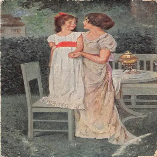 A688 Kunst von B Dietze Mutterstolz Mutter bei Mädchen auf Stuhl Vintage Postkarte