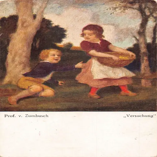 A688 Kunst von Zumbusch Verspielte Kinder Apfelkorb Versuchung Vintage Postkarte