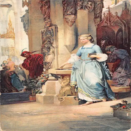 A688 Kunst von August von Kreling Margarete in der Kirche Teufel Frau weint Postkarte