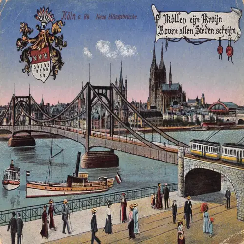 A690 Deutschland Köln a Rh Köln Haengebrücke Brücke Dampfschiff Straßenbahn Postkarte