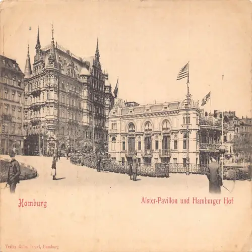 A690 Deutschland Hamburg Alster Pavillon und Hamburger Hof Fahnen Vintage Postkarte