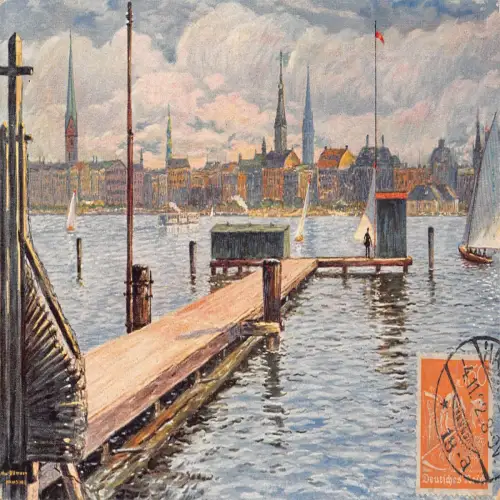 A691 Deutschland 1922 Kunst Hamburg mit Binnenalster Boote Vintage Postkarte