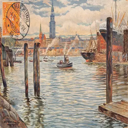 A691 Deutschland 1922 Kunst Hamburg vom Steinwaerder Dampfschiffe Turm Postkarte