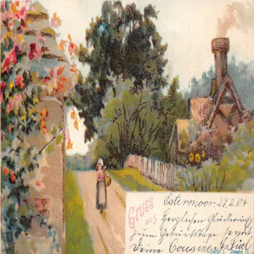 A691 Deutschland Gruss aus 1904 Mädchen zu Fuß Haus Bäume Blumen Litho Postkarte