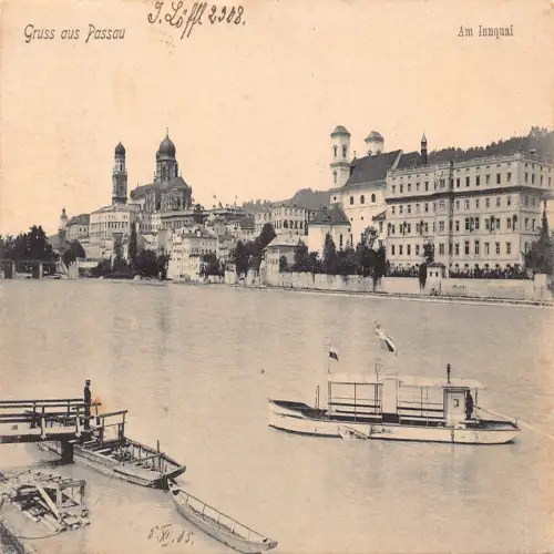 A691 Deutschland Gruss aus Passau 1905 Am Innquai Kai Boote Vintage Postkarte