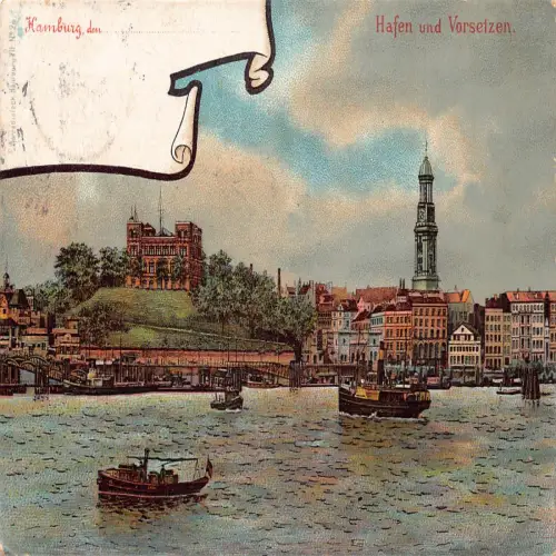 A691 Deutschland Hamburg 1904 Hafen und Vorsetzen Dampfschiff Litho Postkarte