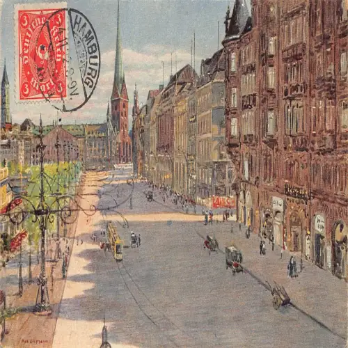 A691 Deutschland Hamburg Kunst Jungfernstieg mit Petri Jacobikirche Straßenbahn Postkarte