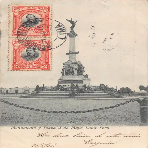 A665 Peru 1905 Monumento y Plaza 2 de Mayo Lima Denkmal Vintage Postkarte